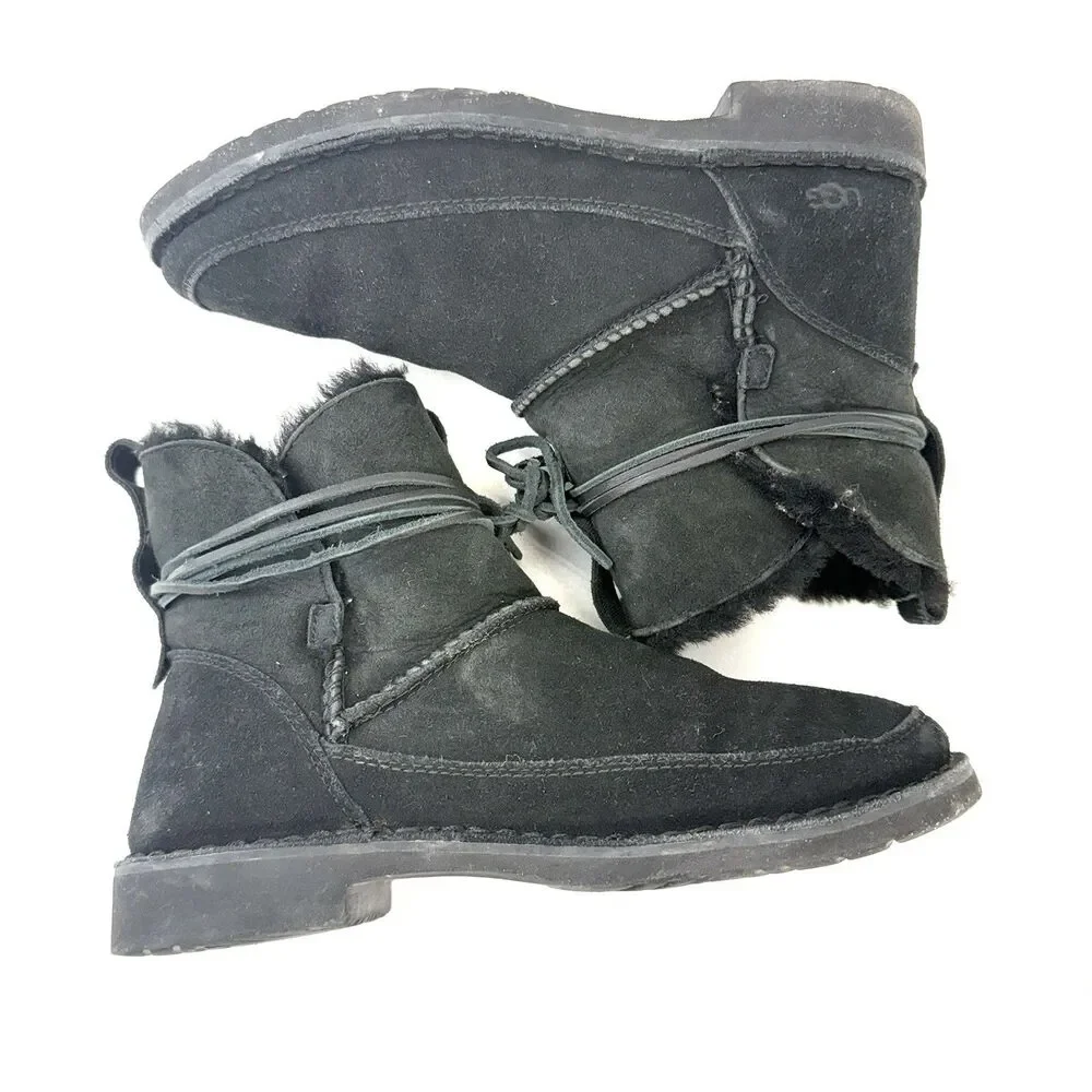 UGG Boots Womens 8 Esther Classic Shearling Winter Bootie 1103809 Black Suede